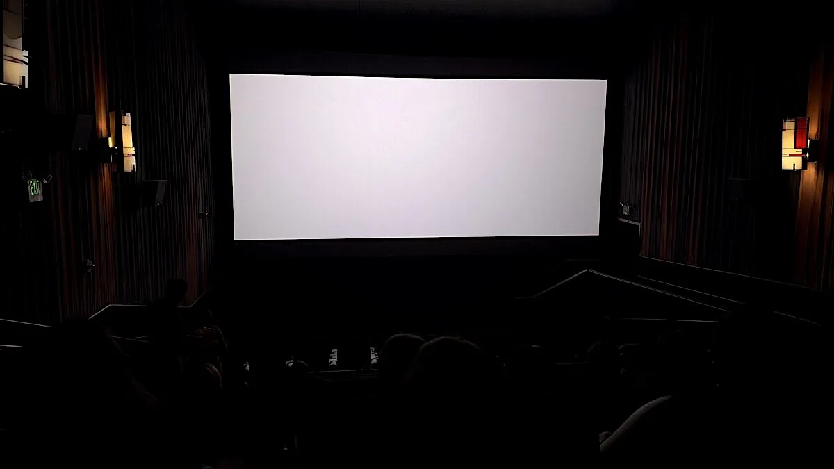 View from my seat of a blank white movie screen in a dark AMC auditorium before Resident Evil started