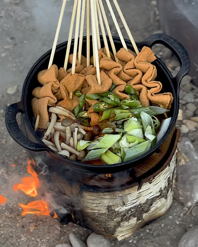 Cooking on a Fire Pit at Camp (6 Things We Made, From Lamb Chops to Pork Belly) Cast iron pot of spicy Korean fish cake soup with skewered fish cakes, green onion and mushrooms sitting on a burning Swedish fire log