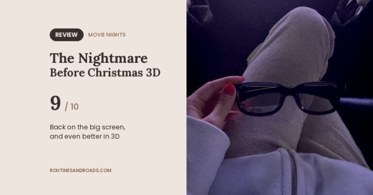 Nightmare Before Christmas 3D review card with a 9 out of 10 score next to 3D glasses in a theater