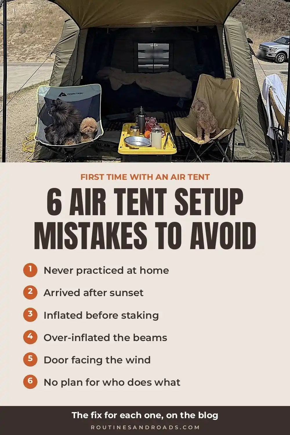 Air Tent Setup Mistakes An olive air tent with an awning, two camp chairs with small dogs and a yellow storage box at a sunny beach campsite, with a list of six mistakes below
